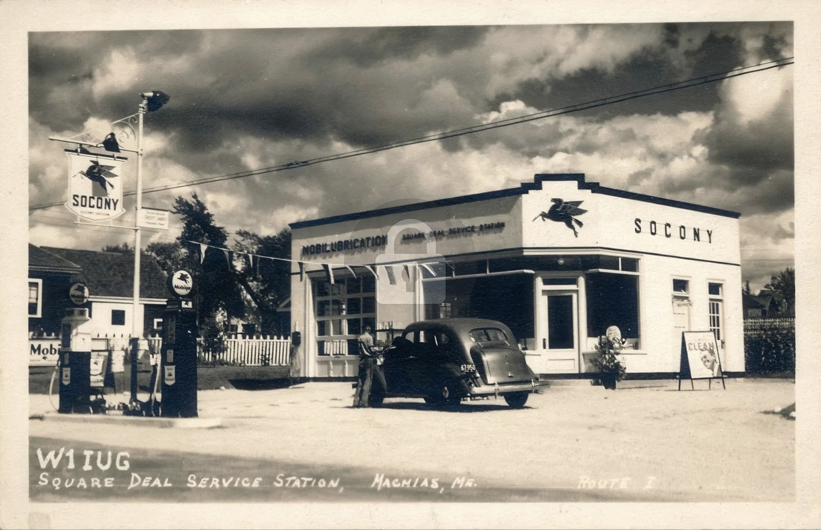 Socony Mobil gas station Machias Maine ME RPPC Photo Postcard COPY
