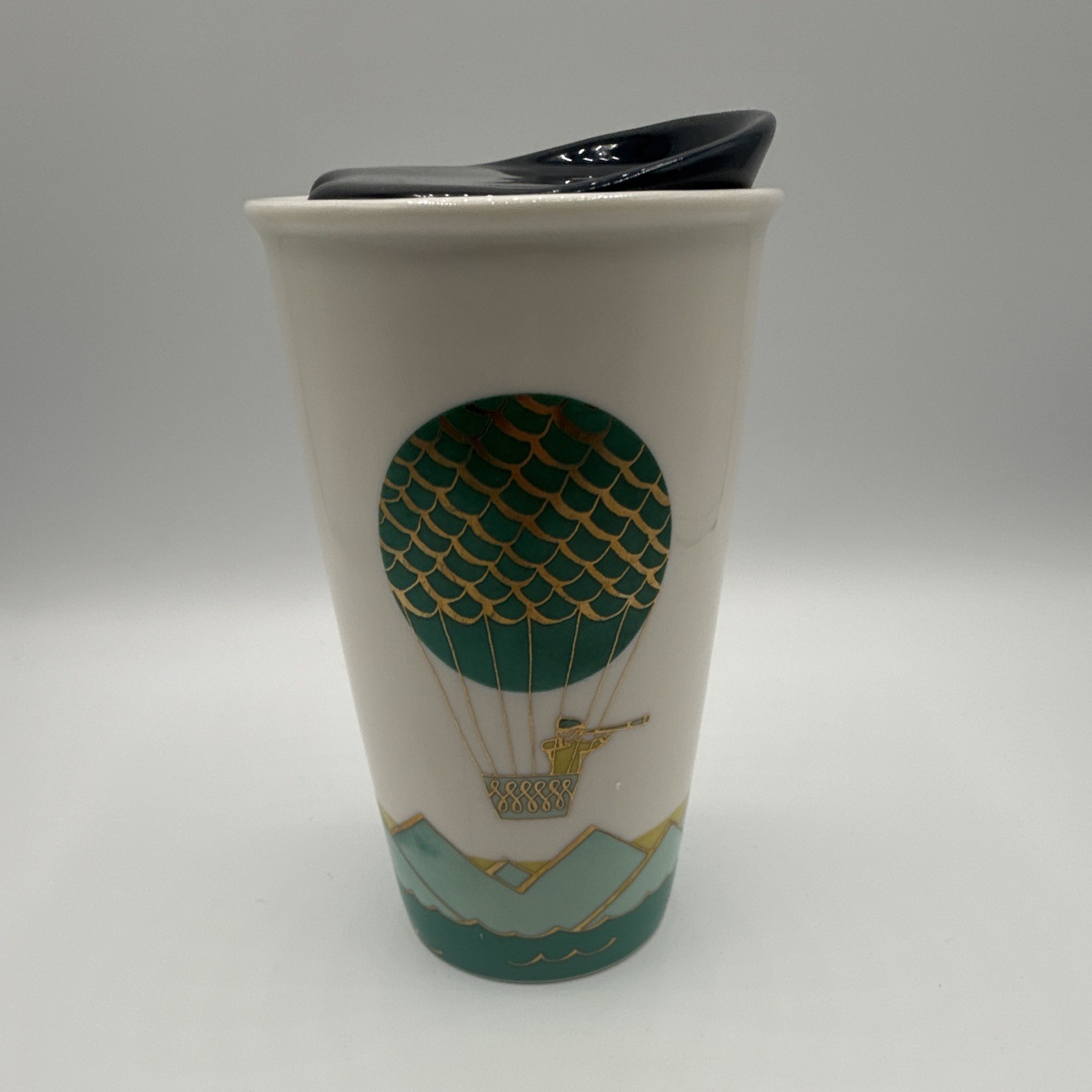2014 Starbucks ceramic teal color tumbler w/ ceramic Blue color lid air balloon