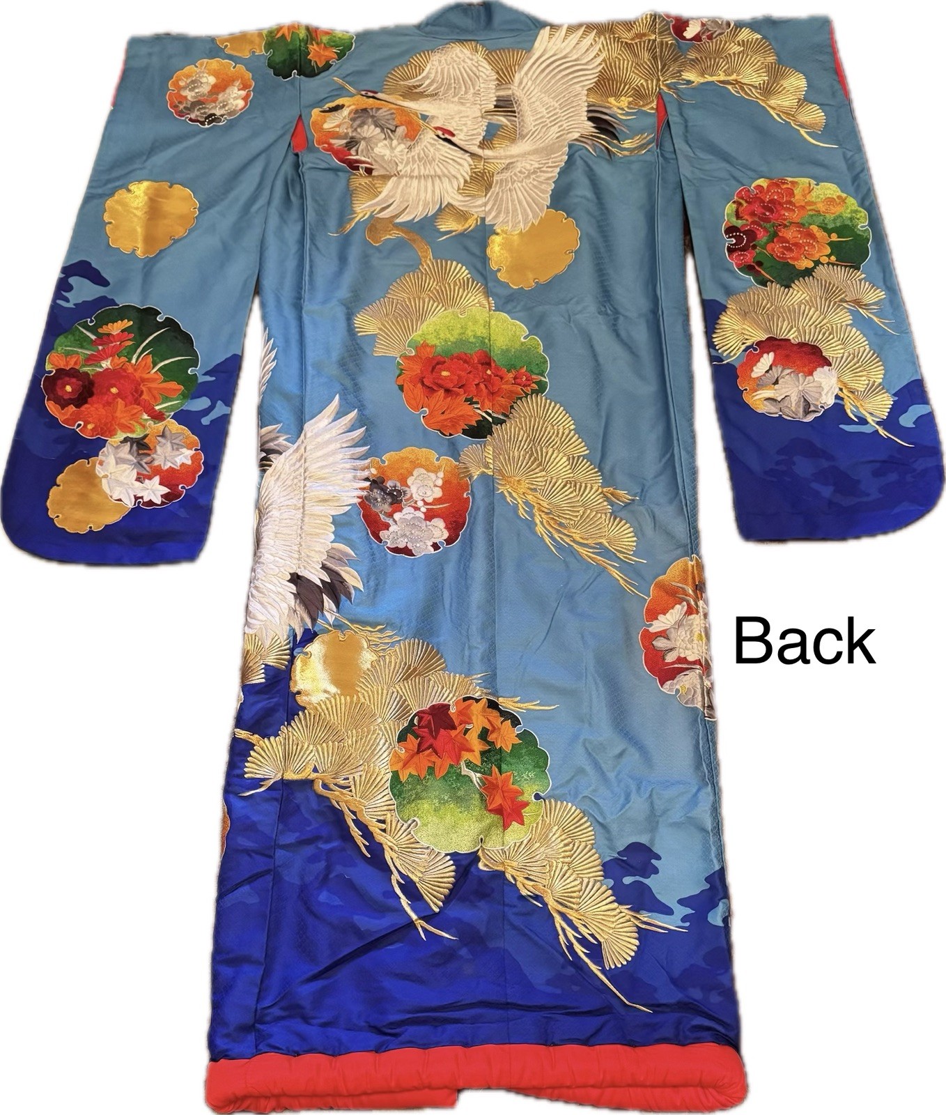Vintage Japanese Uchikake Wedding Robe Blue Colorful w/ Crane & Flowers