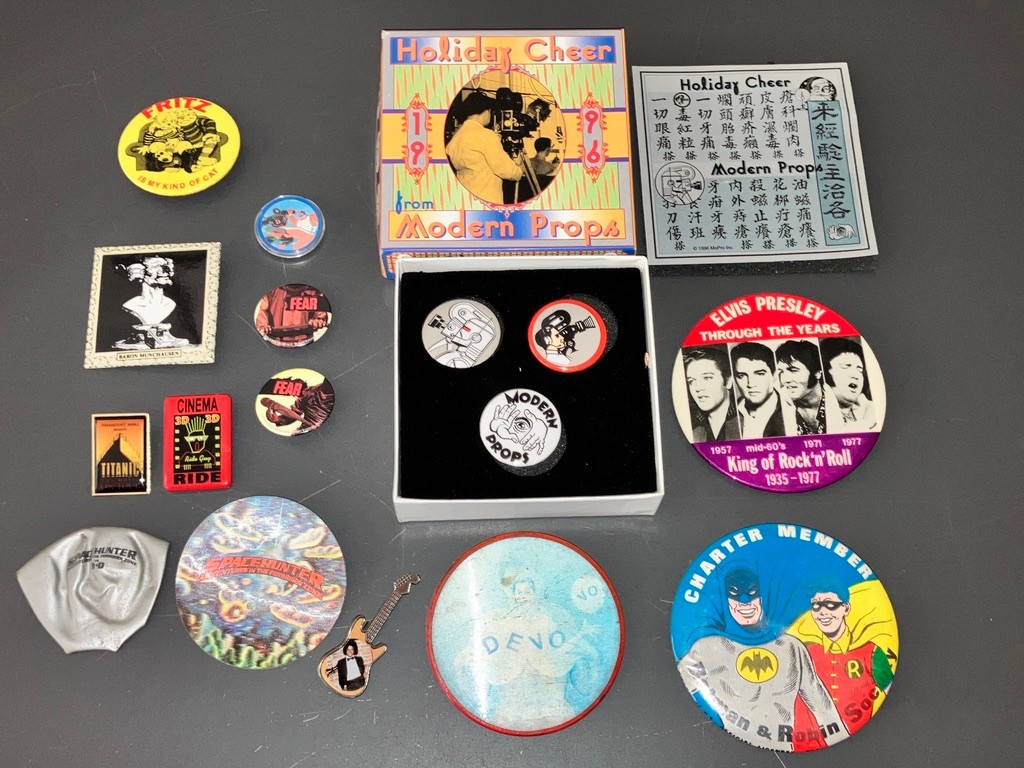Vintage Hollywood Pop Culture Pinback Button Lot Elvis DEVO Batman Fritz Michael