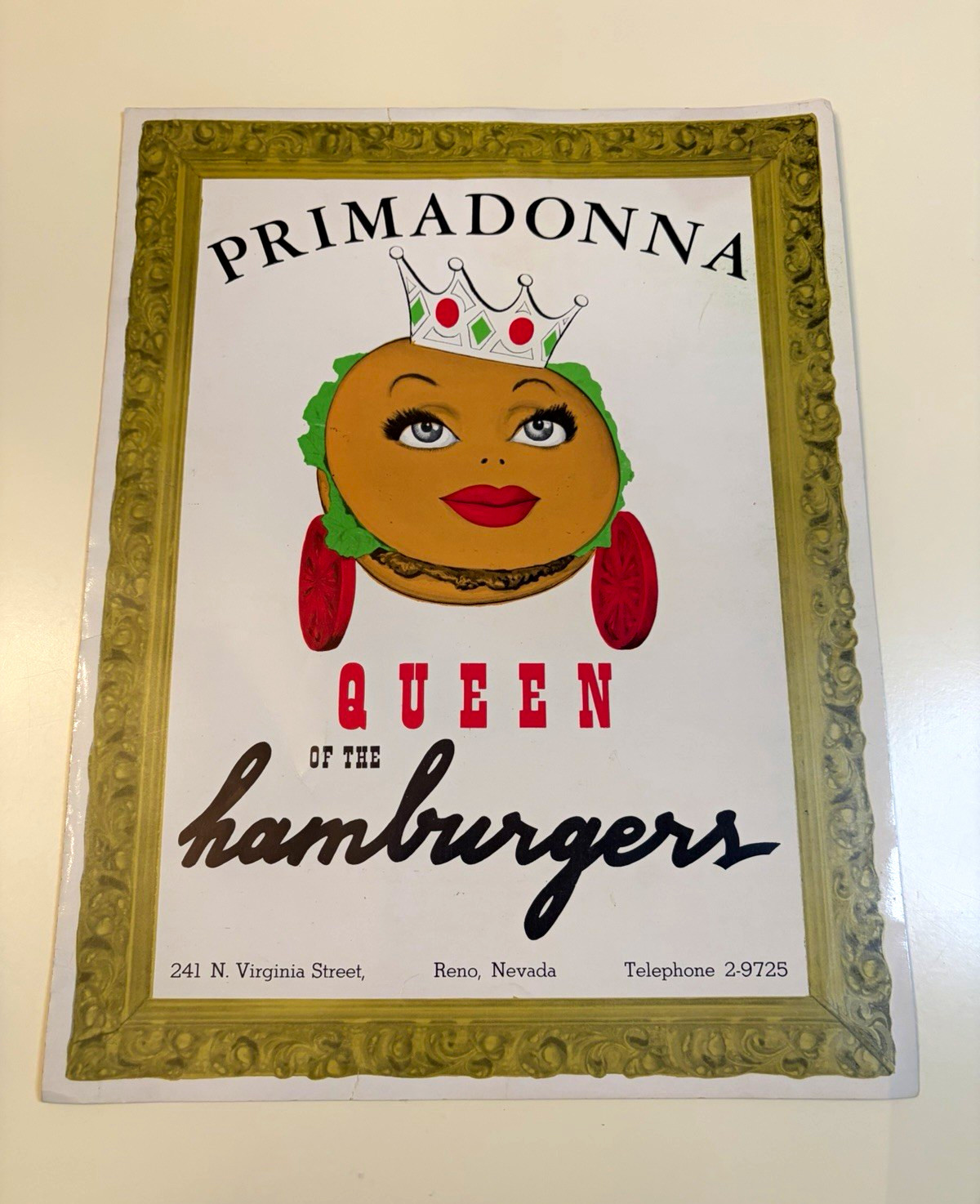 Vintage 1950’s Primadonna Cafe  Menu Reno NV “Queen of the Hamburgers” VGC