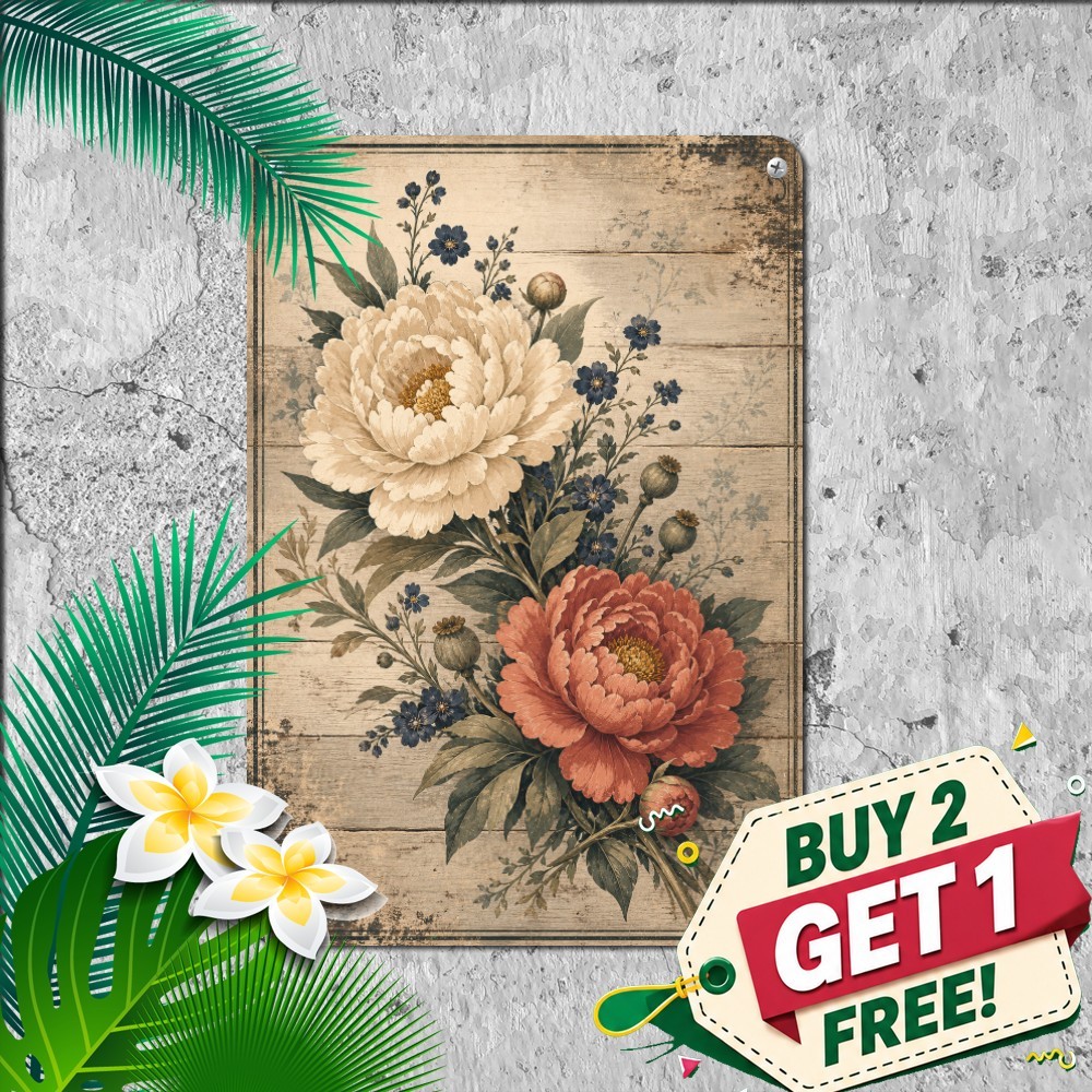 vintage floral botanical art large bloom bouquet distressed