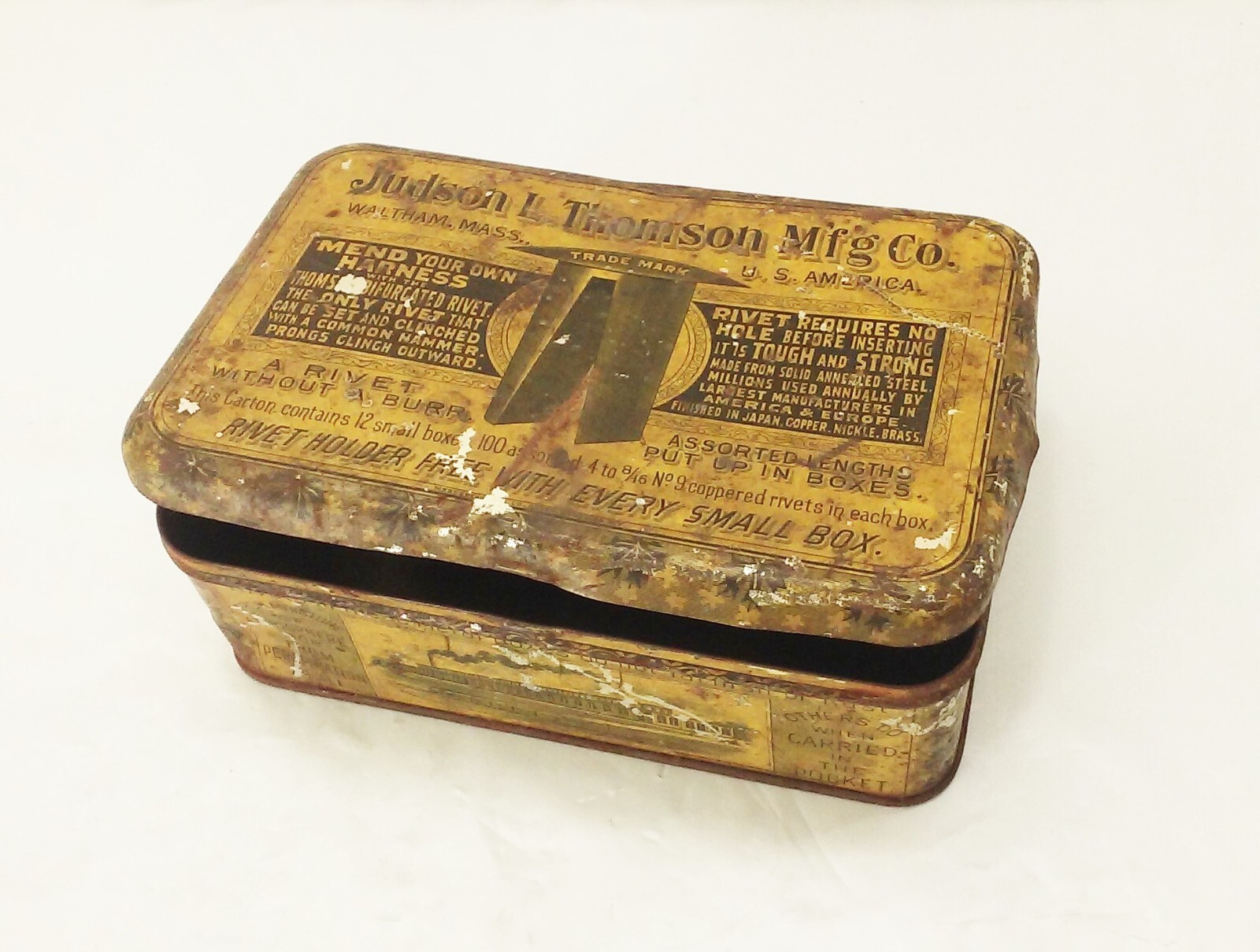 Vtg antique advertising Litho TIN horse harness clinch rivet case box 1890s