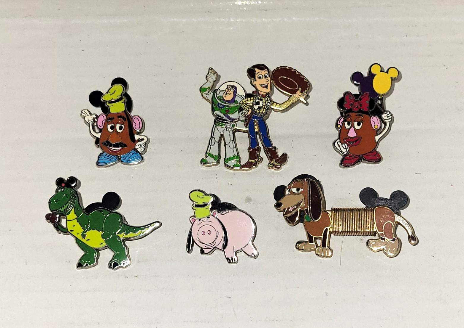Auth Toy Story Pin Lot 6 Pcs Woody Buzz Rex Mr  Mrs Potatohead Ham Slinky Dog