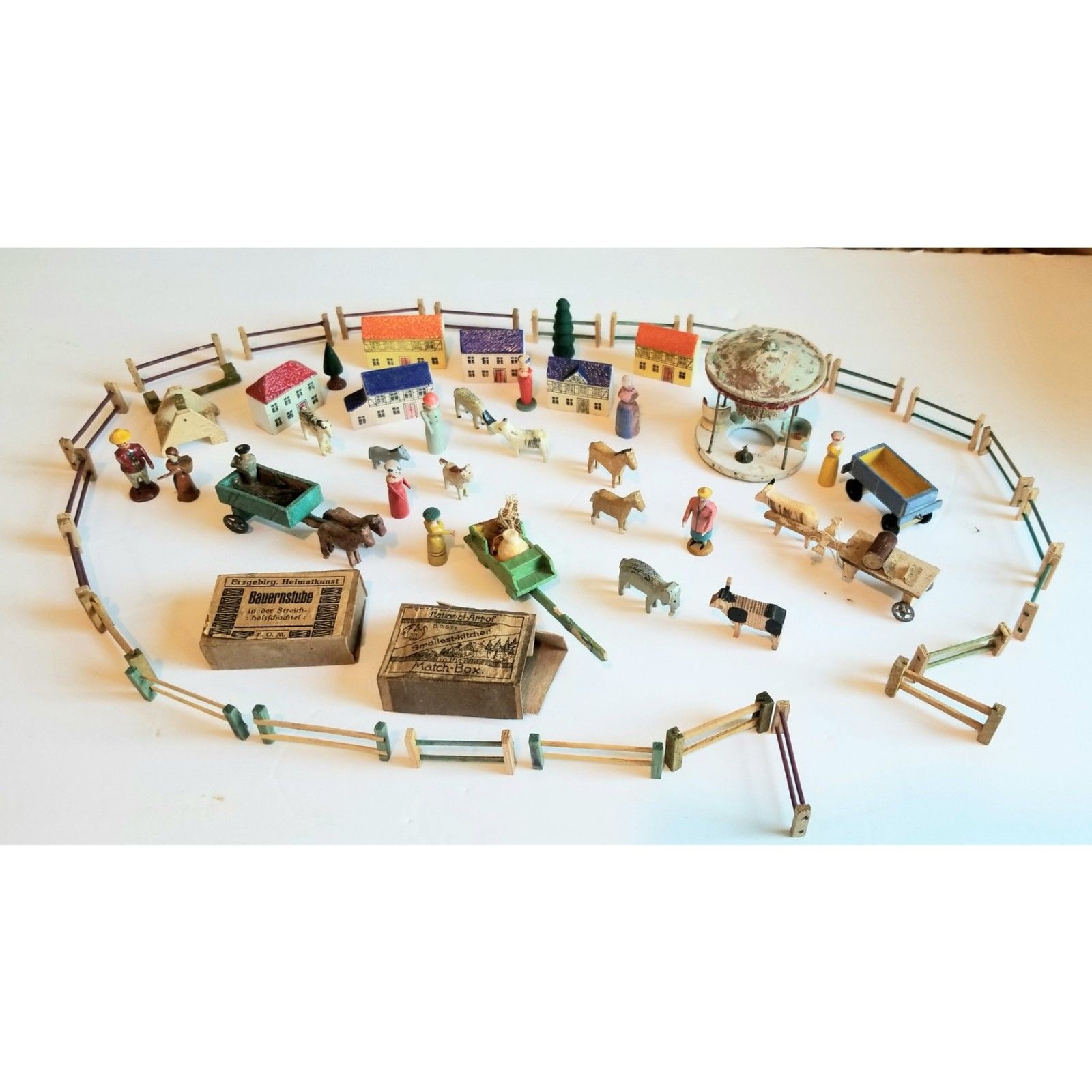 Vintage Lot 60 Pcs Erzgebirge Putz Hand Carved Village Houses,Animals,Fences Ect