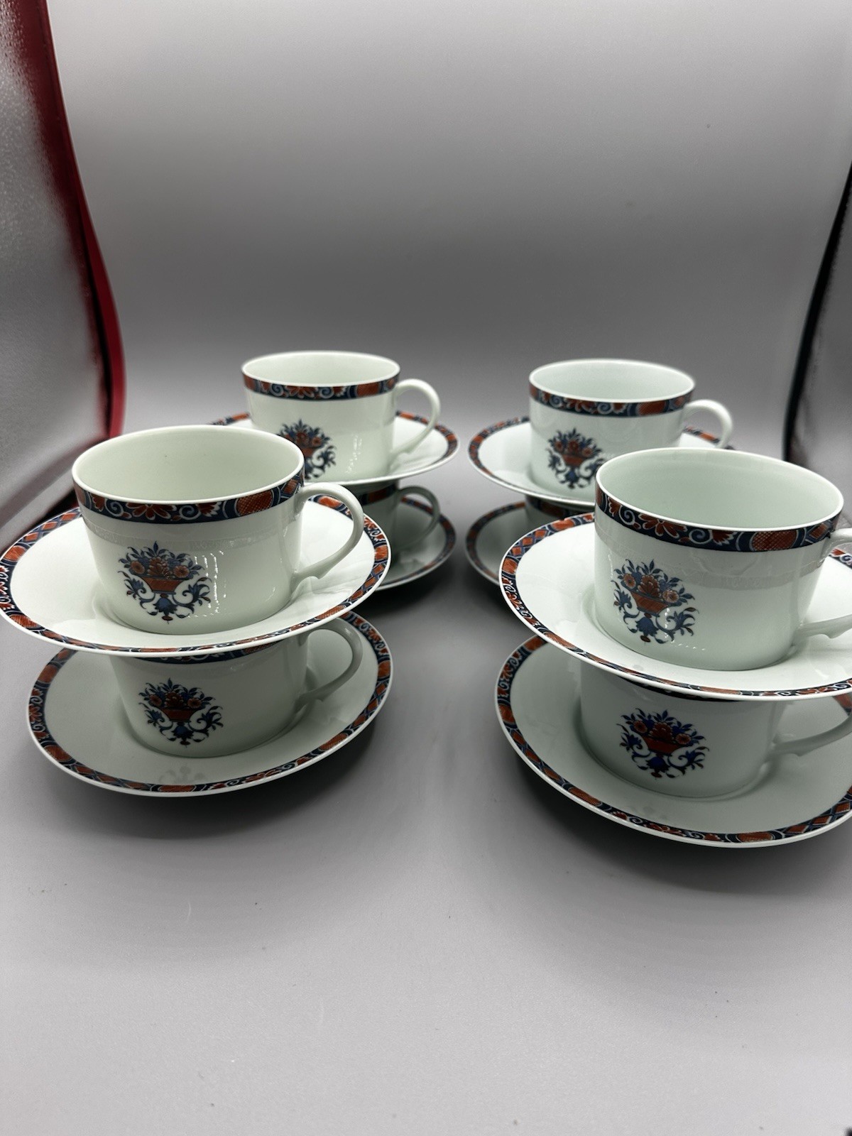 A Raynaud & Cie Limoges France 8 Cups & Saucers Floral Orange Blue 16 Pc