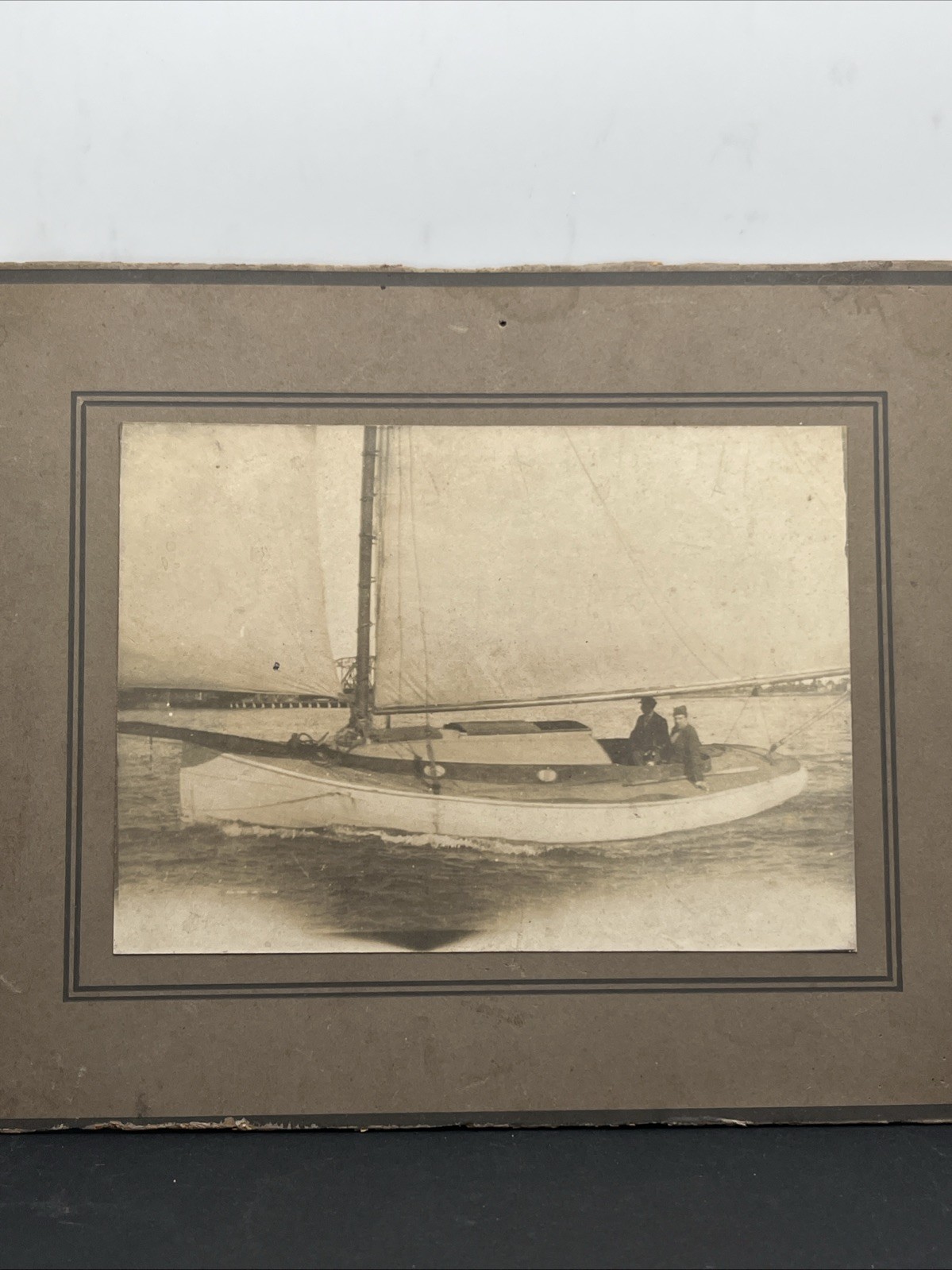 Antique Maritime 2 Men On Sailboat Photograph Picture Nautical Cabinet Card