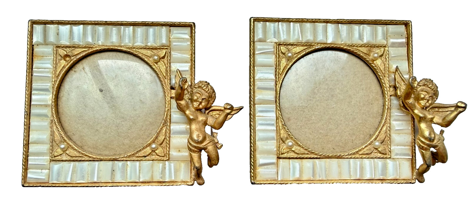 Pair Vintage Gilt Metal Mother of Pearl Cherub Picture Frames Hollywood Regency