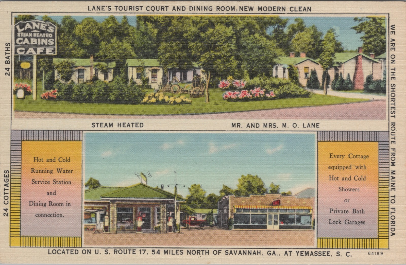 Melvin O. Lane Hampton County Lane's Tourist Court Dining SC Vtg Postcard CP329
