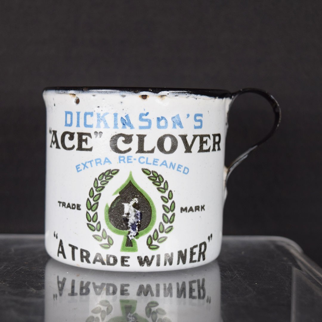 Dickenson\'s Ace Clover Pine Tree Timothy Seed Enamel Cup 2.75 Inches Tall