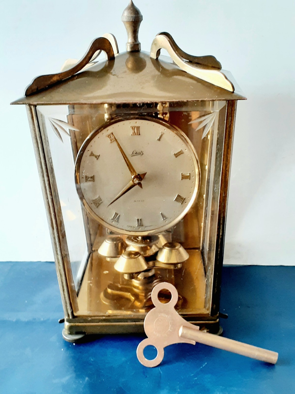 Vintage 1955 Schatz 400 Day Anniversary Clock Glass Brass West Germany Mantel