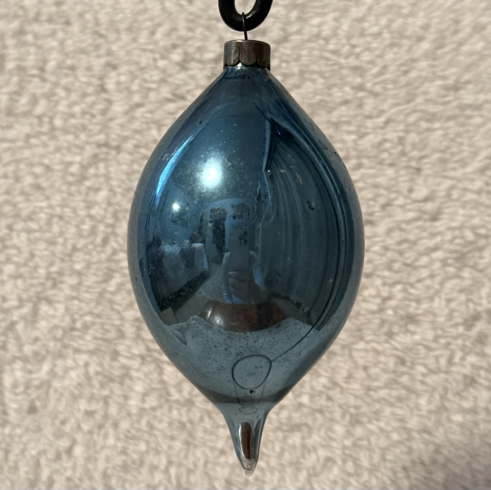 Vintage Blue Glass Teardrop Heim Christmas Ornament 4.25”