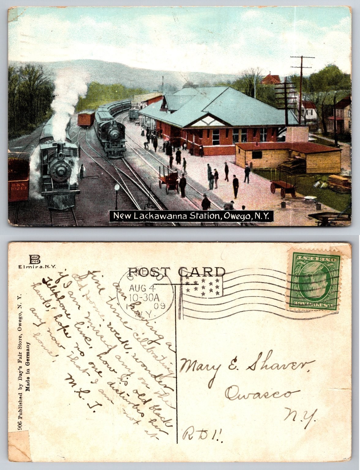 1909 New Lackawanna Station Owego NY Postcard Steam Locomotives DL&W Railroad