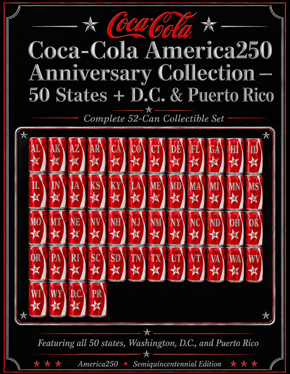 Coca-Cola America250. Mini 52 STATES  CANS Collection, 2026 Semiquincentennial