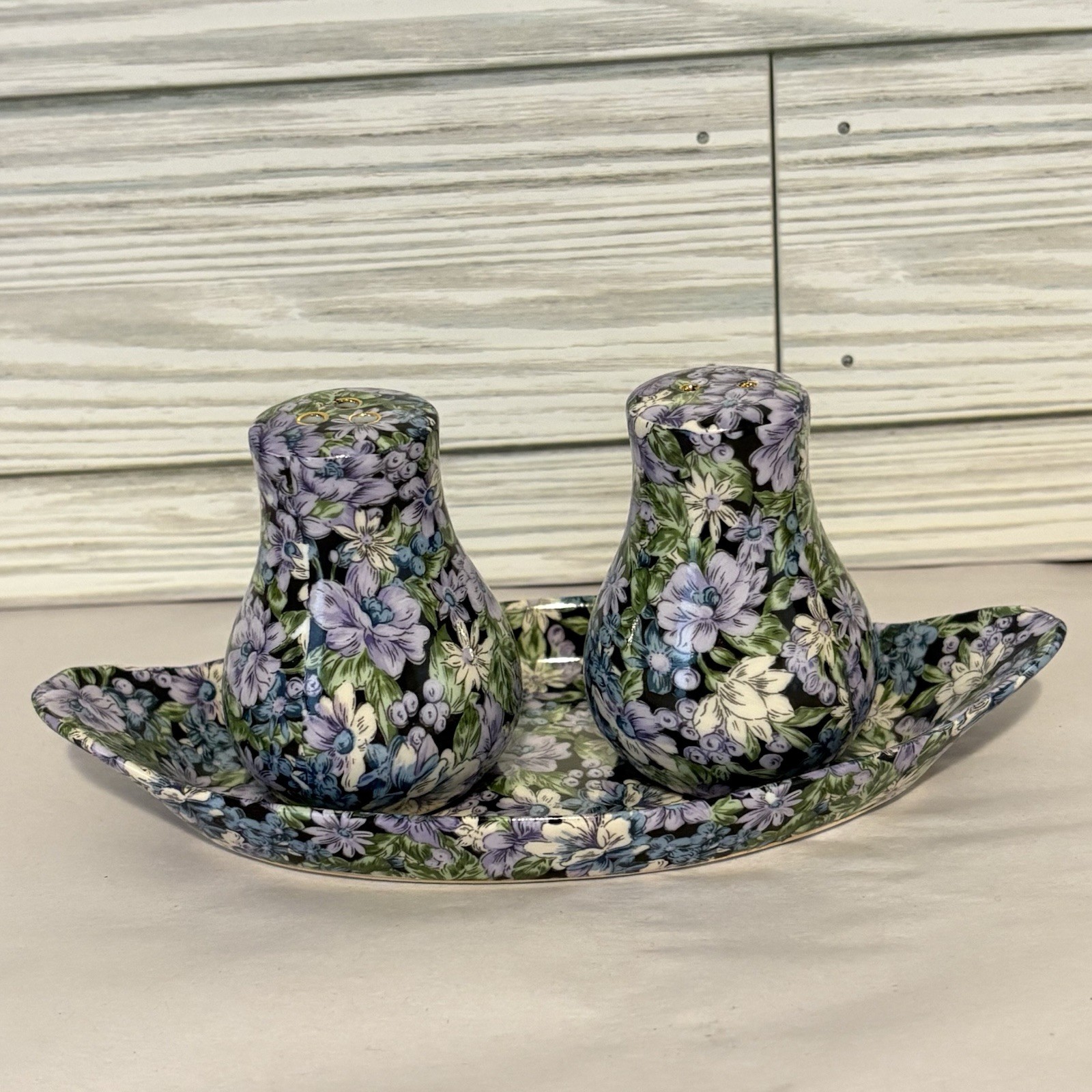 Vintage Two’s Company “Mollie” Chintz Salt & Pepper Shakers With Tray Floral NIB