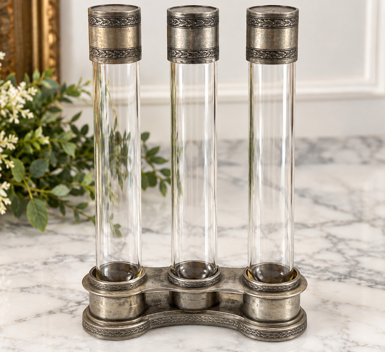 Vintage French Pewter Etain 3 Glass Tube Rack Spice Oil Set Cork Stoppers France