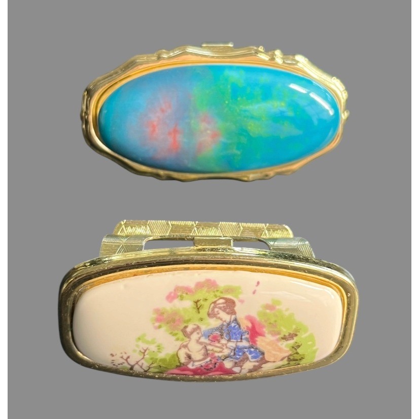 Bundle/Lot of 2, Vintage LIPSTICK HOLDER-MIRROR Ring Gold Tone Courting Couple