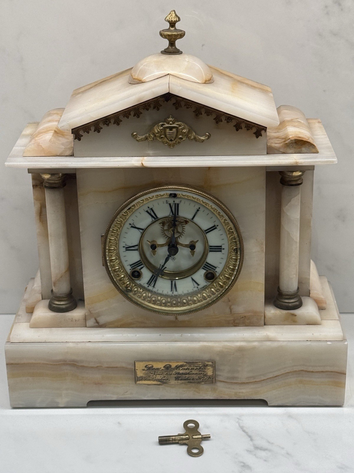 Antique Ansonia Onyx Mantel Clock Open Escapement Brass Columns Working Plaque