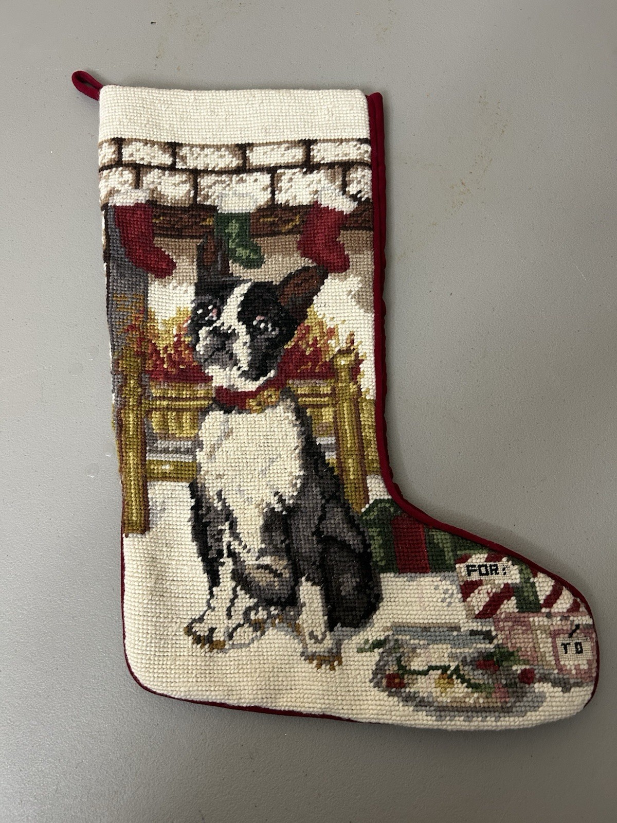 Vintage Boston Terrier Needlepoint Stocking Dog