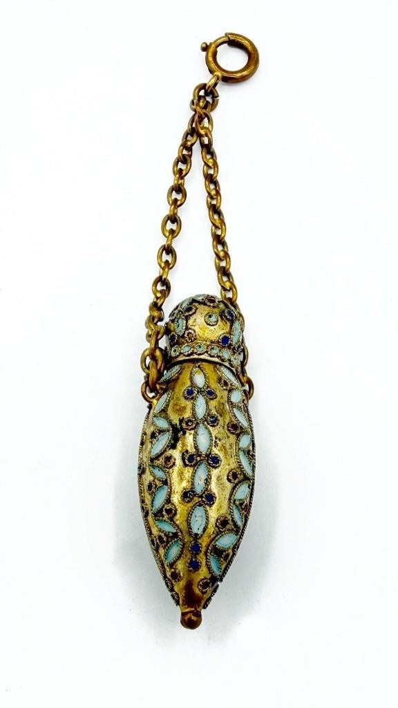 Antique 1800s Gold-Tone & Enamel Chatelaine Perfume Scent Bottle