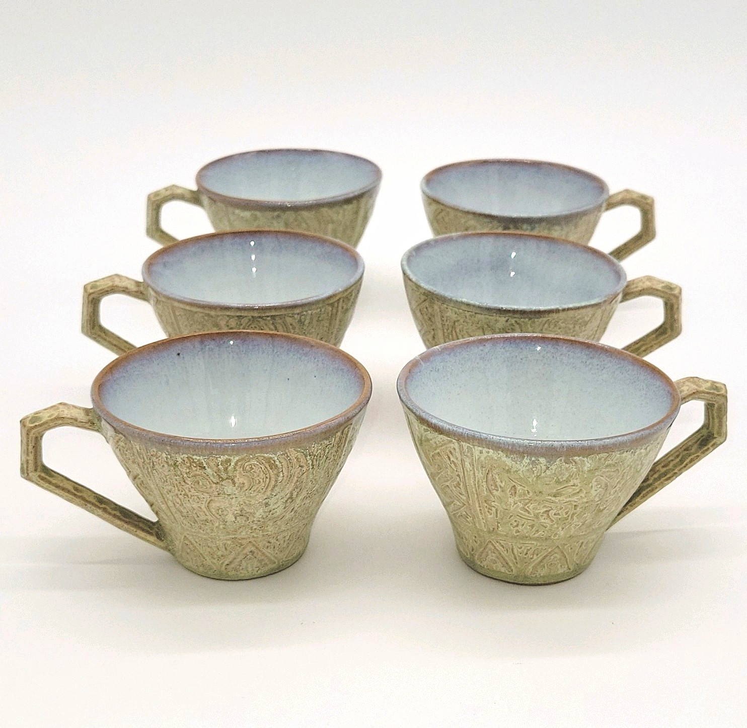 Set of 6 Japanese Okinawa Dematisse Blue Glaze Embossed Stoneware Coffee Cups