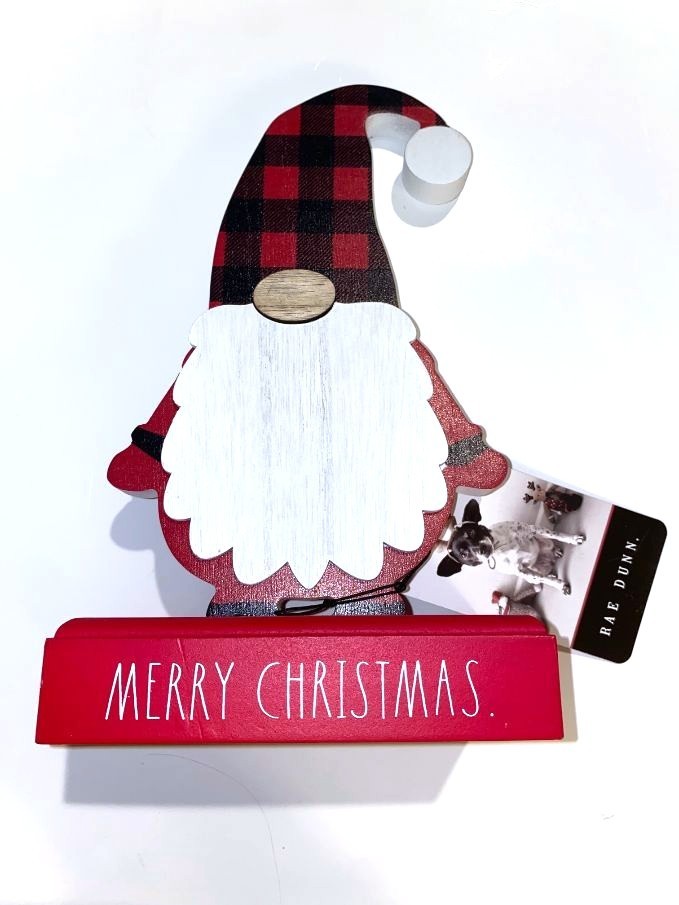 Rae Dunn Merry Christmas wooden Santa red black plaid table decor new nwt