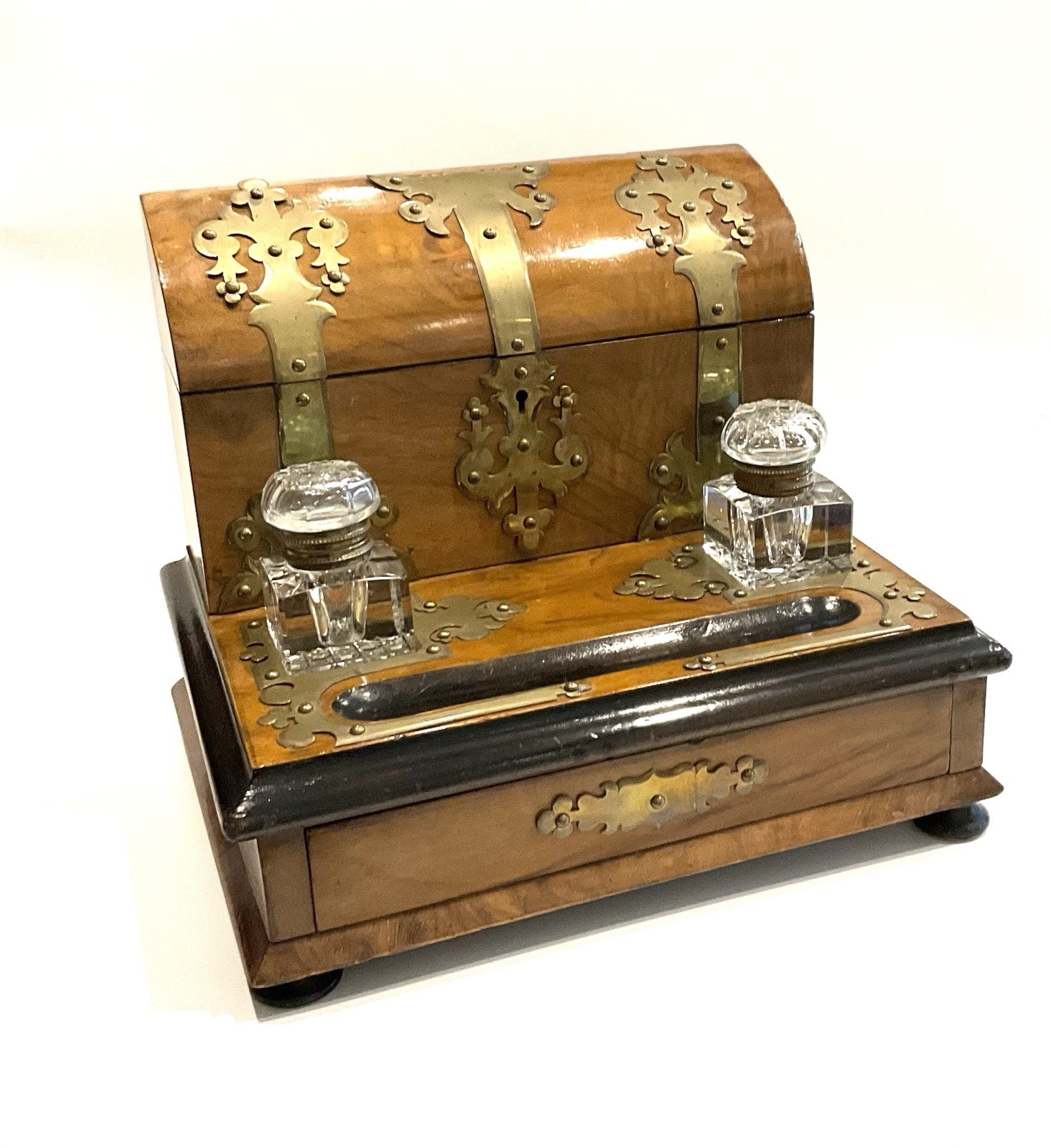 19thC Burr Walnut Wood Brass Studded Writing Stationary Box Cut Glass Inkwells