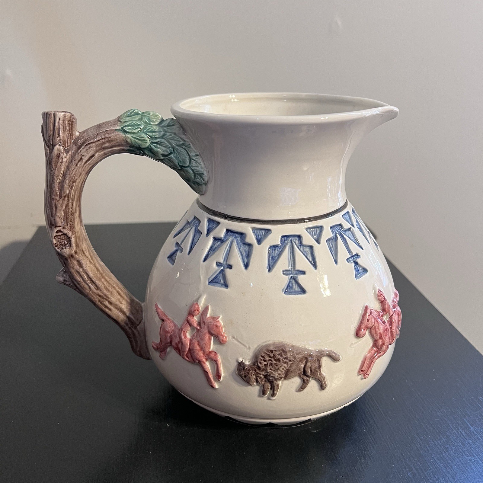 Vintage OCI Fitz & Floyd BUFFALO HUNT Southwestern Pitcher INDIAN Western 2 QT