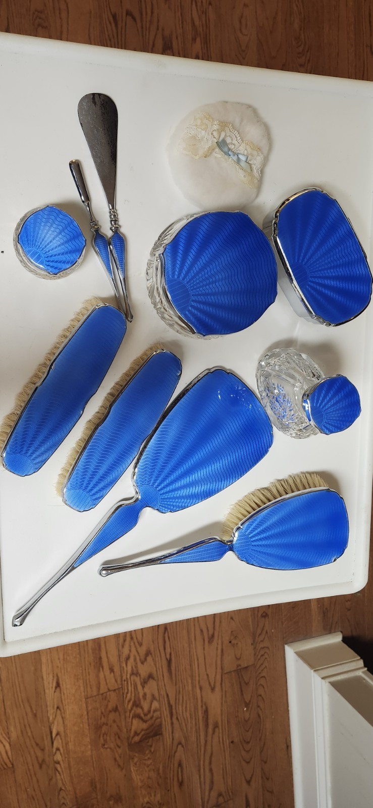 Vtg 1930-40 Art Deco Blue Guilloche Enamel Heavy  Cut Glass Vanity Set 10pc
