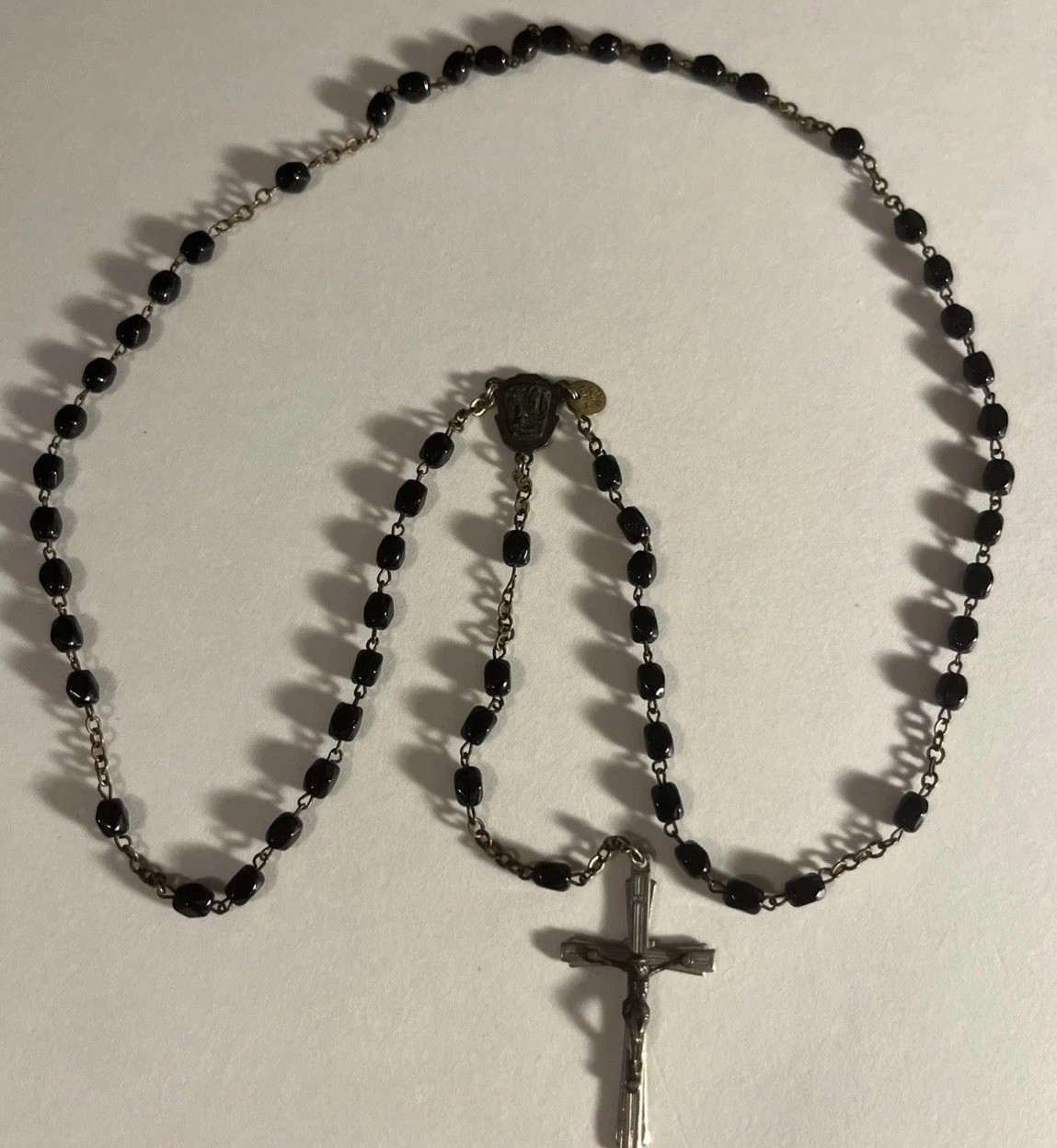 Vintage Italian Catholic Rosary Beads Crucifix Black Beads Made In Italy