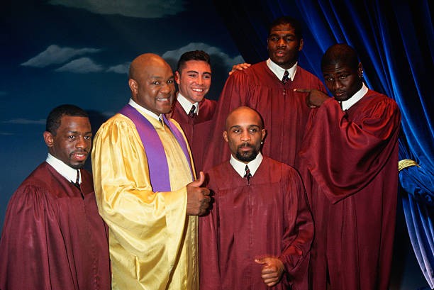 Boxer George Foreman stands with Oscar De La Hoya Riddick Bowe Kev- Old Photo
