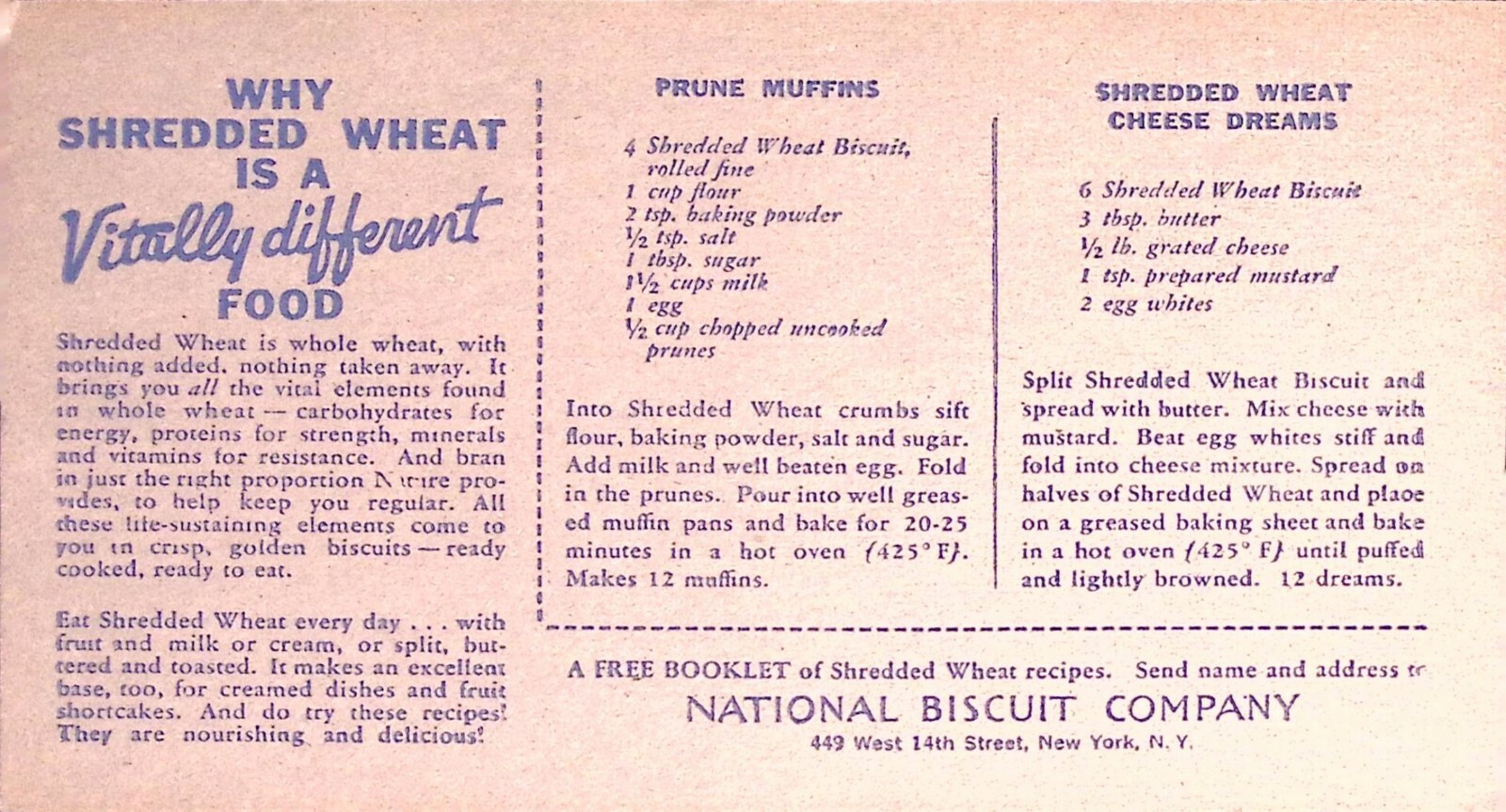 NABISCO Shredded Wheat Recipe Card National Biscuit Company 1930s-50s Food Ad