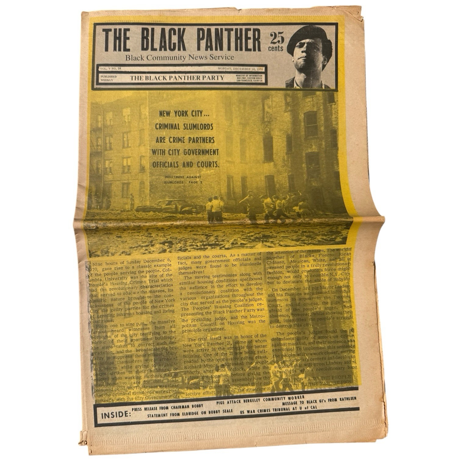 Vintage The Black Panther Party Newspaper December  1970 Slumlords Huey Newton