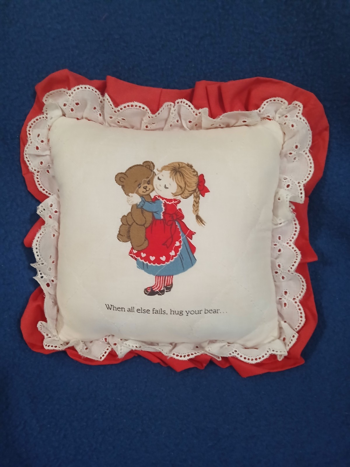 Vintage Girl And Teddy Throw Pillow Ruffle Eyelet Lace Shabby Chic Nursery Decor
