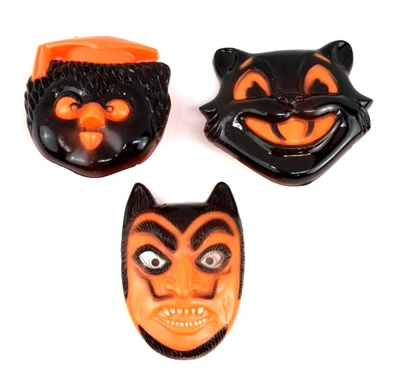 Vintage Halloween Fun World Plastic Owl Cat Devil Clicker Noise Makers Toy