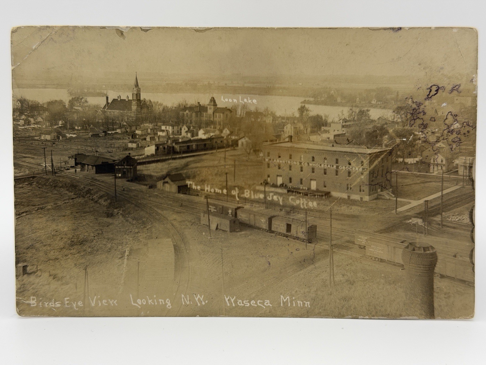 Waseca, MN, RPPC, Bird’s Eye View, Loon Lake, Blue Jay Coffee, Church, Unposted