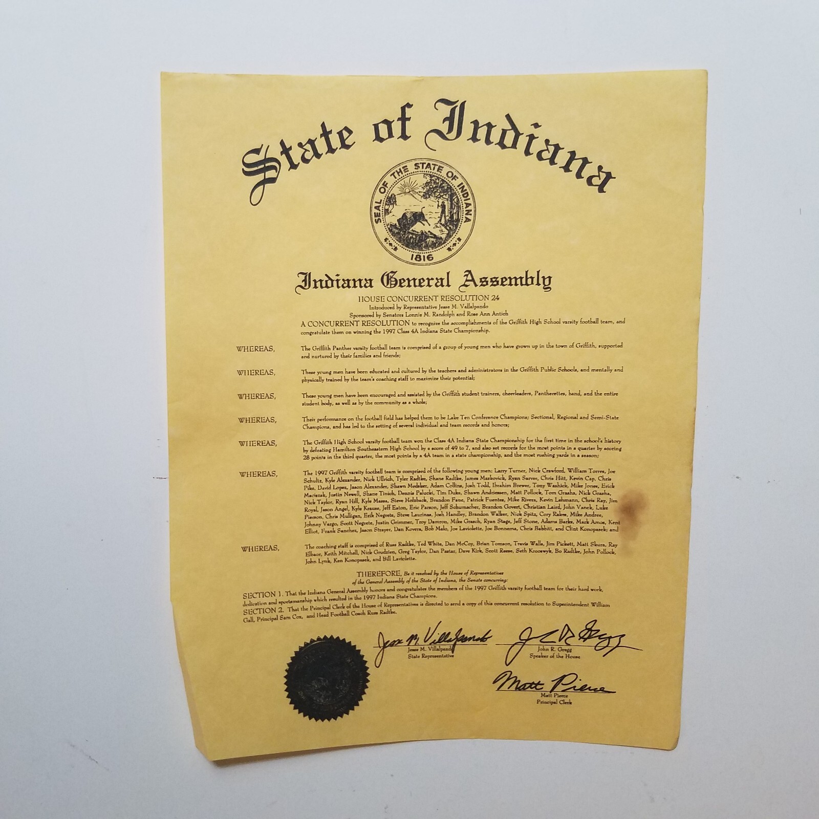 Griffith Panthers 1997 champions concurrant resolution seal school football Q1