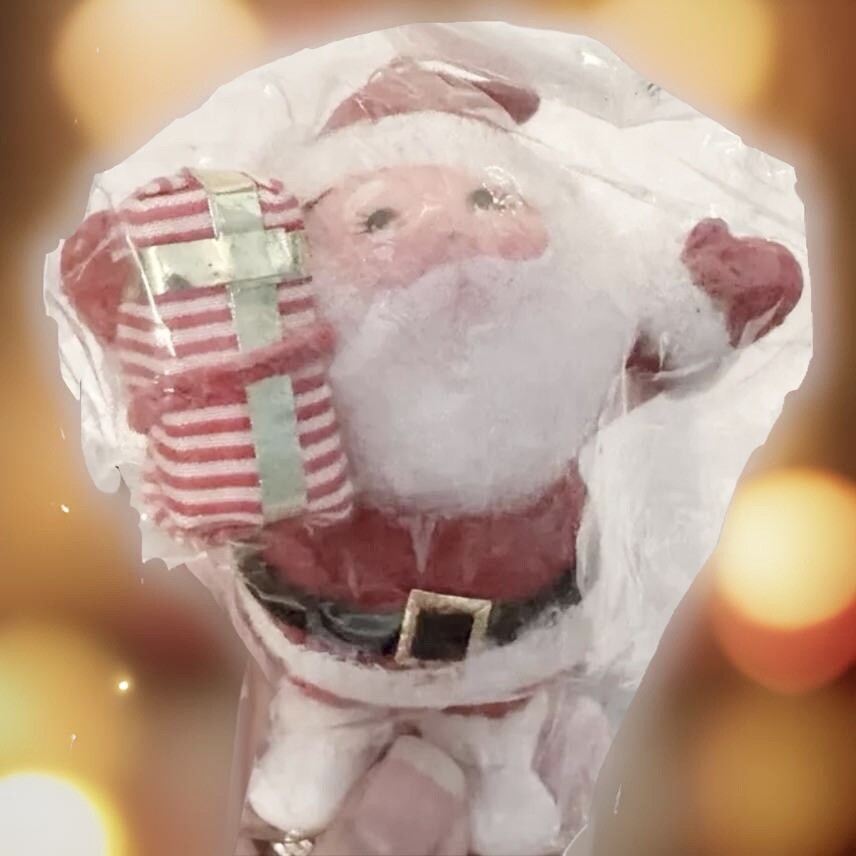 NOS Vintage Flocked Blowmold Cloth Santa Holding Gift Christmas Ornament Japan