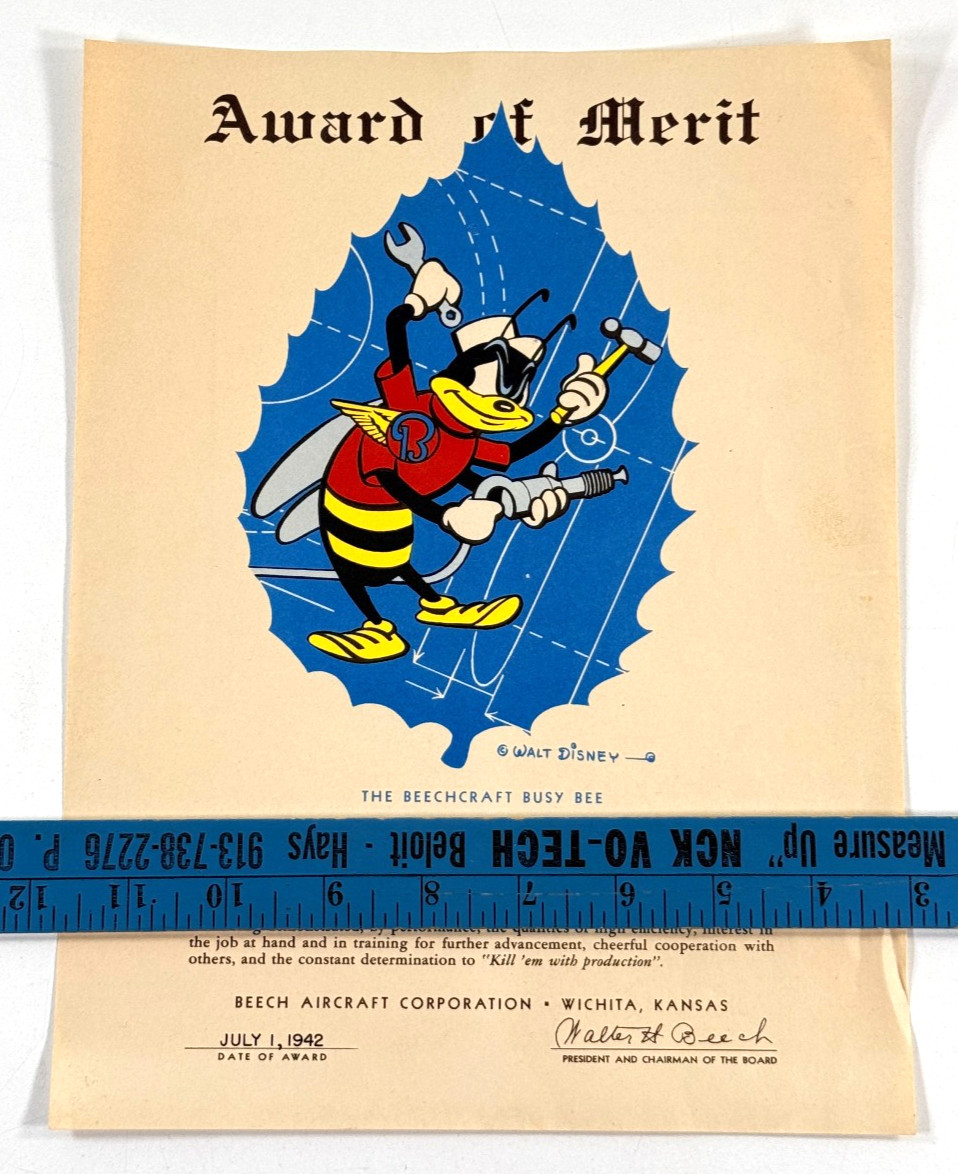 RARE 1942 Walt Disney Beechcraft Beech Busy Bee Award of Merit wichita ks ww2