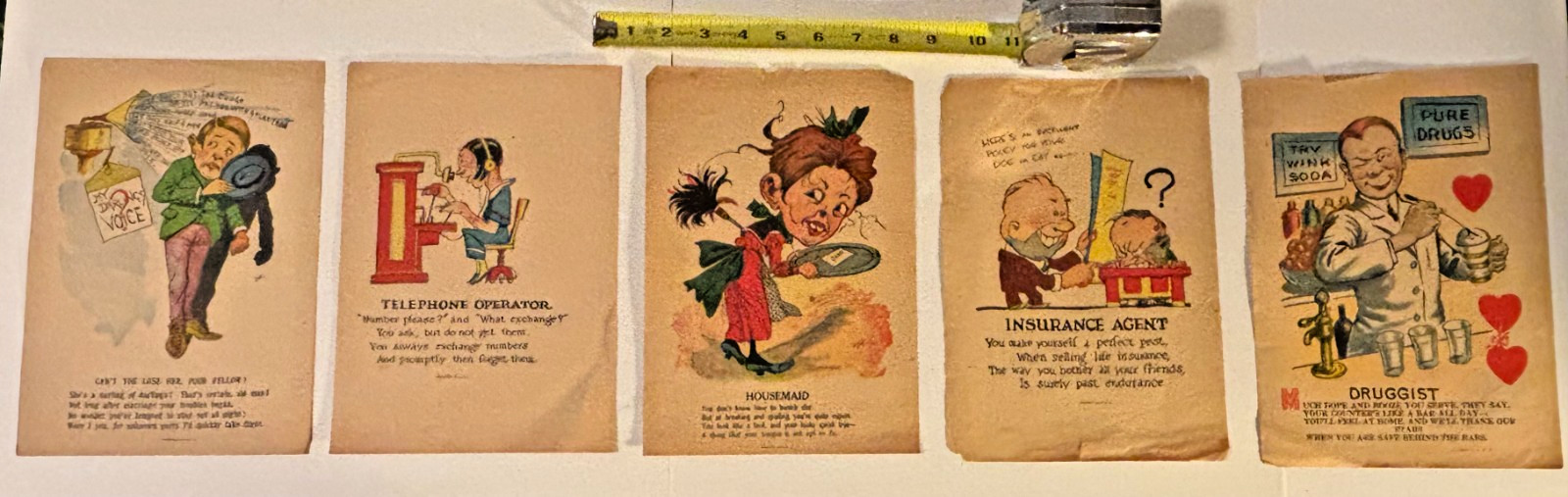 5 DIFFERENT ANTIQUE VINEGAR VALENTINES HUSBAND OPERATOR MAID INSURANCE DRUGGIST