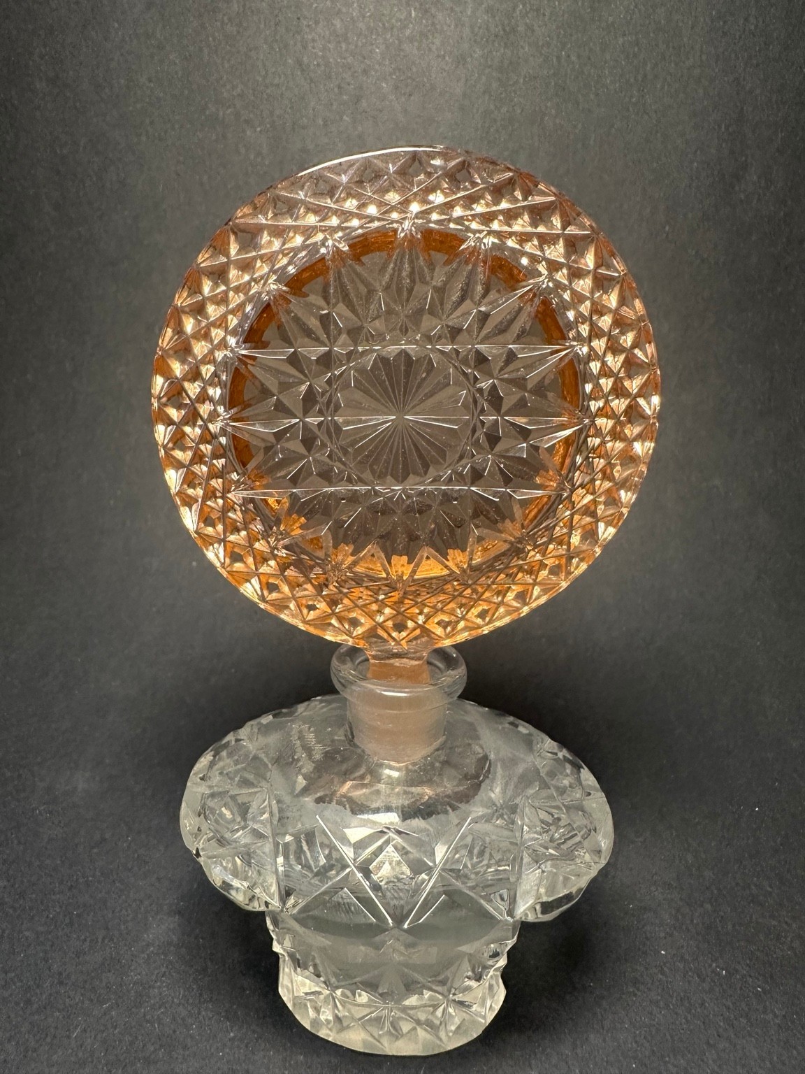 Vintage Glass Perfume Bottle Amber Peach Round Stopper Starburst Vanity 6in