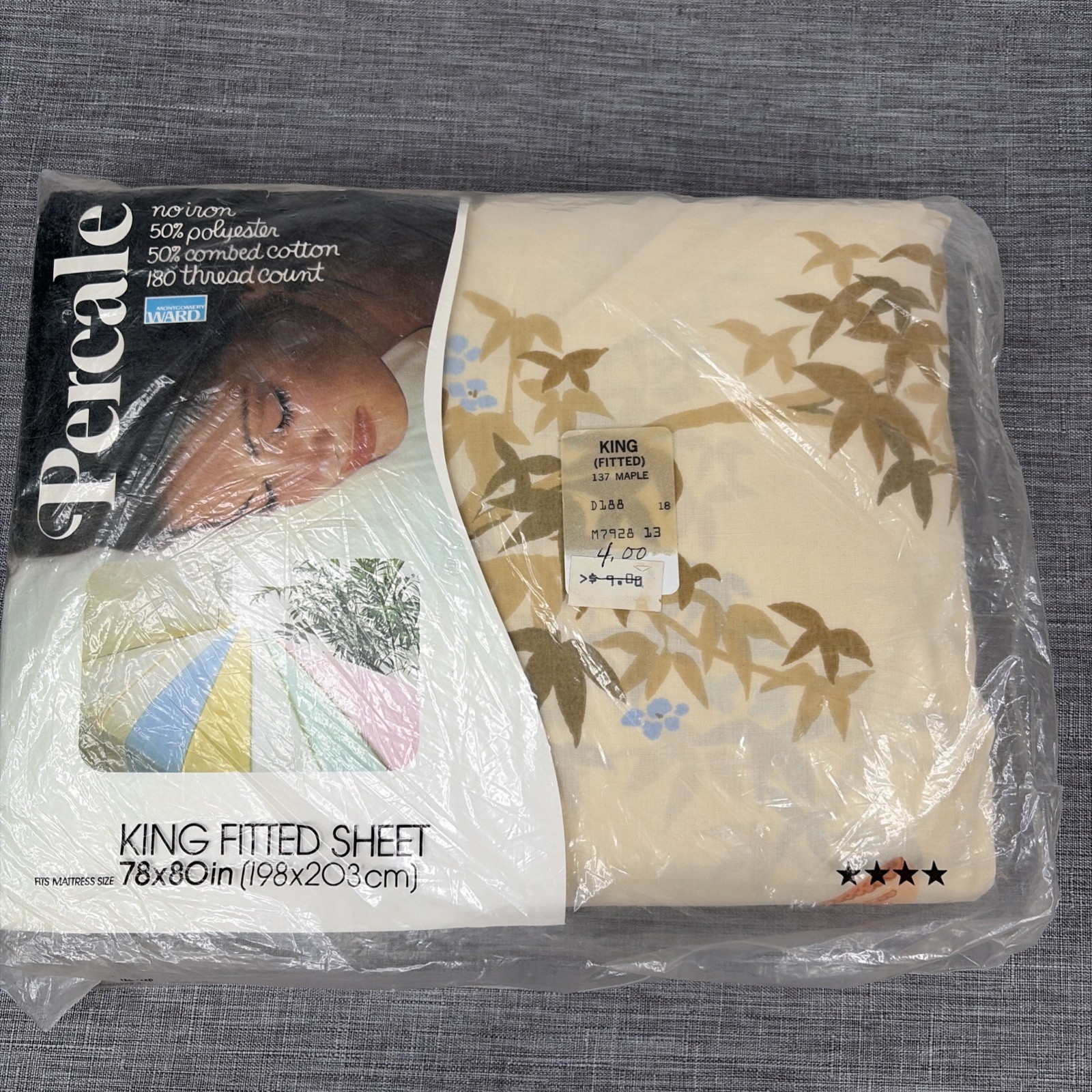 Vtg King Fitted Sheet Percale Maple Floral Butterfly Montgomery Ward Brown  NOS