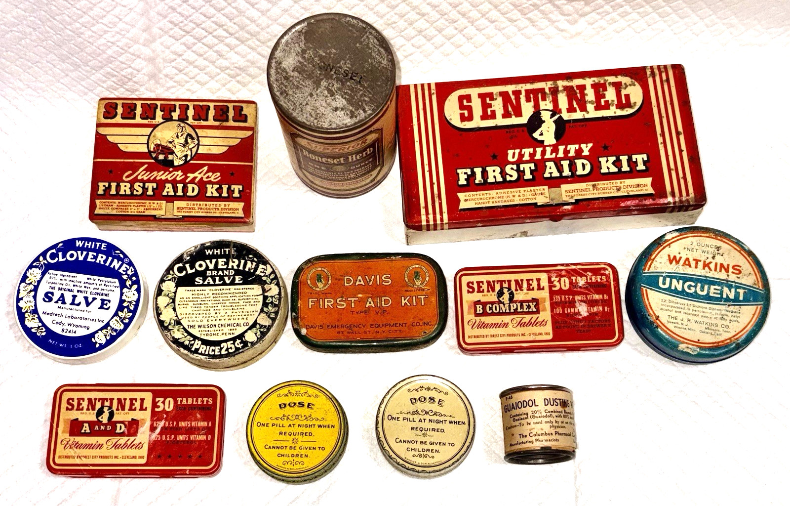 Antique VINTAGE First Aid Advertising MEDICINE Pharmacy TIN Box Container Lot