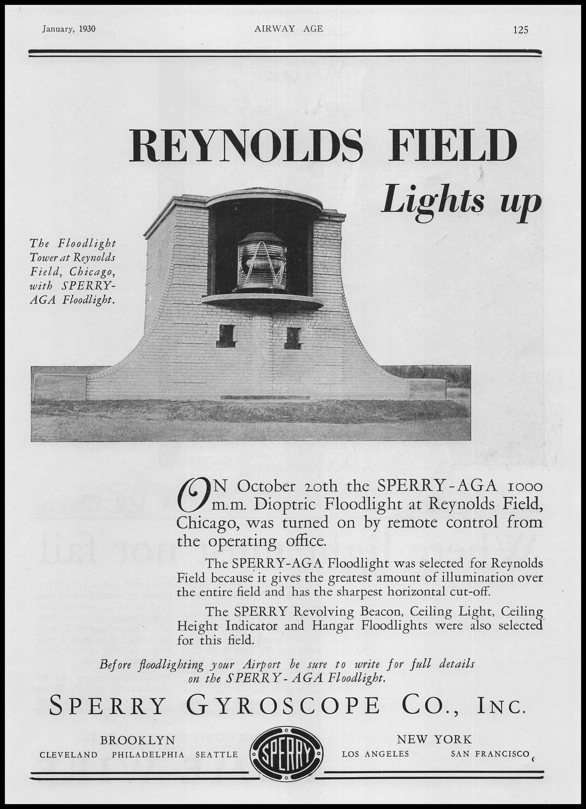 1930 Reynolds Field Floodlight Tower Chicago Photo Sperry Gyroscope Co. Print Ad