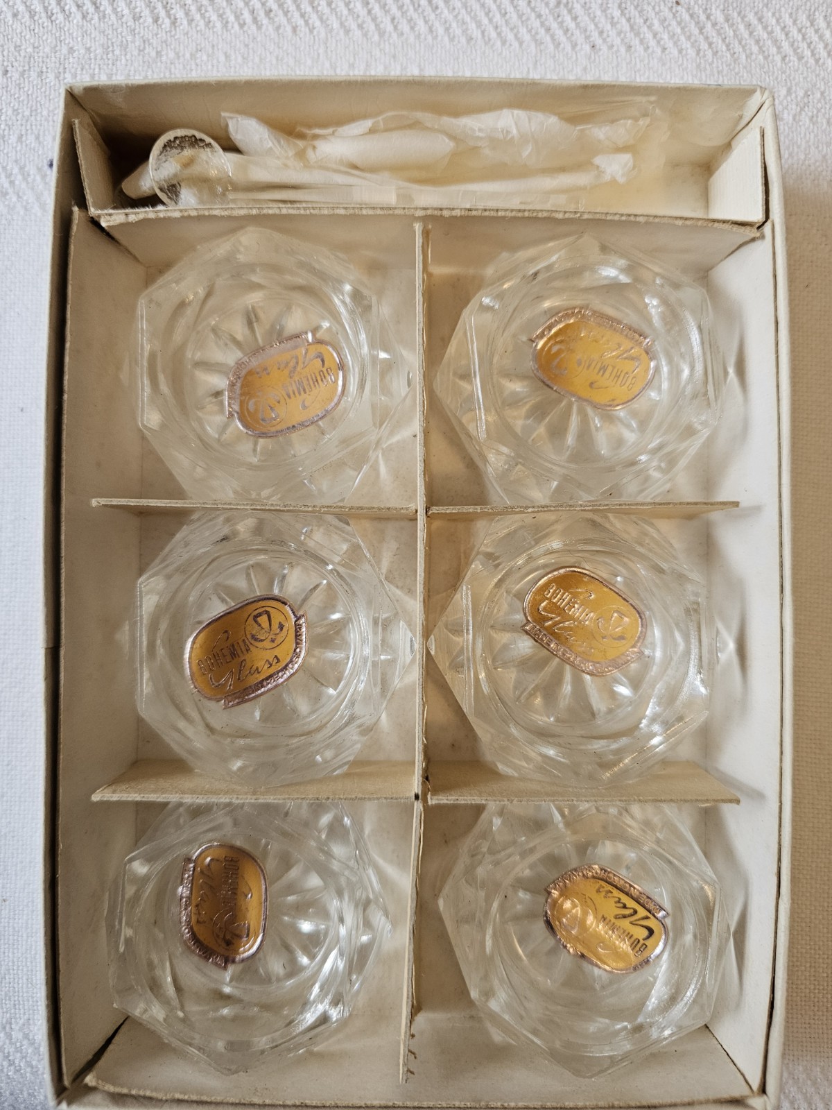 SET 6 VTG BOHEMIA GLASS SALT CELLARS/SPOONS IN BOX CZECHOSLOVAKIA NEW OLD STOCK