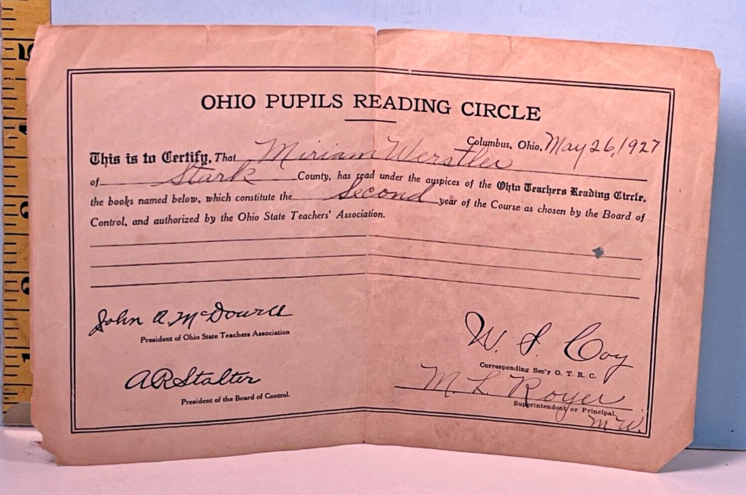 1927 Columbus Ohio Pupils Reading Circle 2nd Grade Teachers Certificate