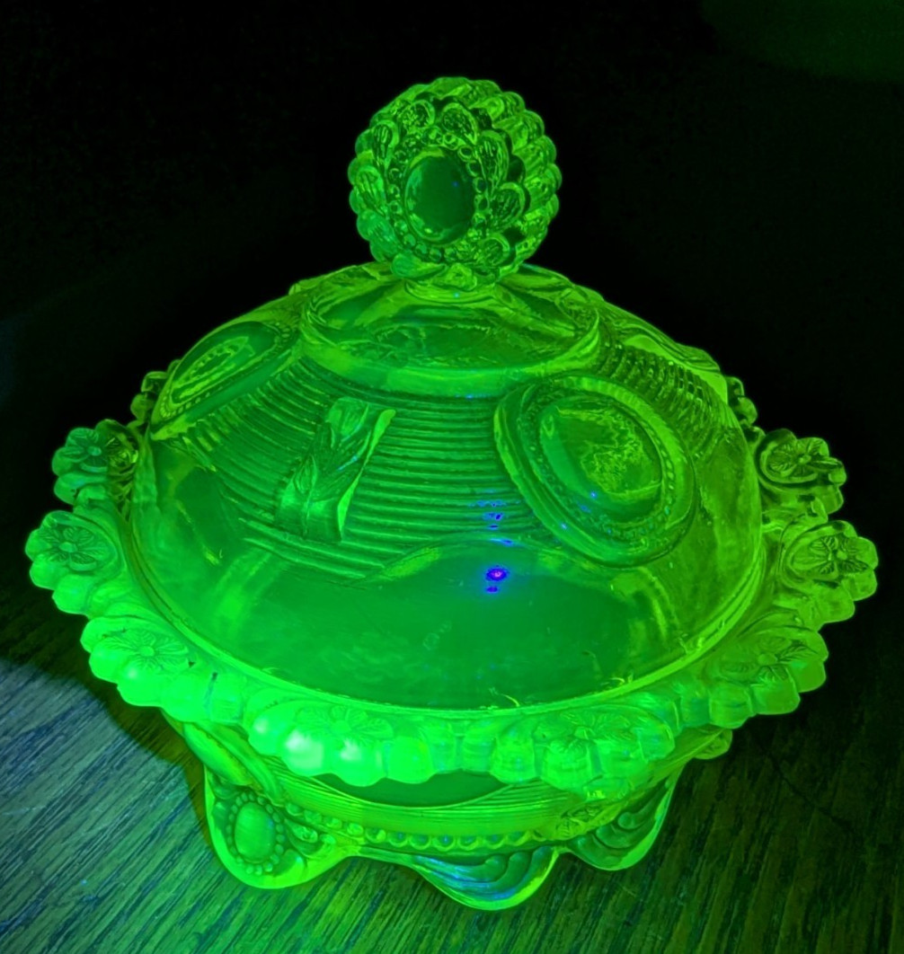 Antique EAPG Greentown Dewey Canary Yellow Vaseline Glass Dome Butter Dish/Glows