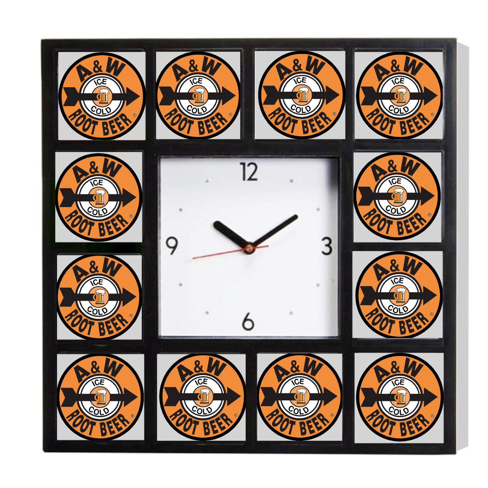 retro A&W Root Beer Ad promo around the Clock with 12 surrounding images