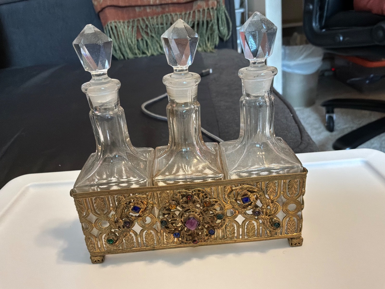 Rare Antique Perfume Set Of 3 Bottles Set In A Jeweled Holder GORGEOUS