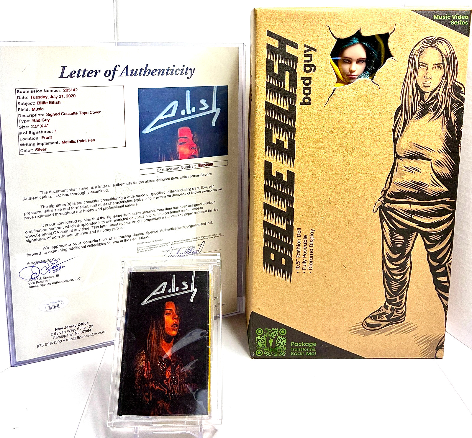 BILLIE EILISH AUTOGRAPHED SIGNED CASSETTE TAPE  Authentic JSA COA W BAD GUY DOLL